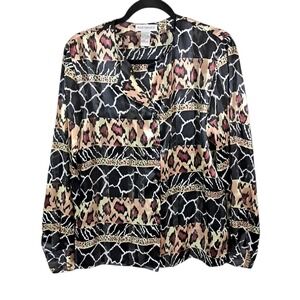 Martinique Vintage Animal Print Women Blouse Top Size 10 Long Sleeve Mob Wife L